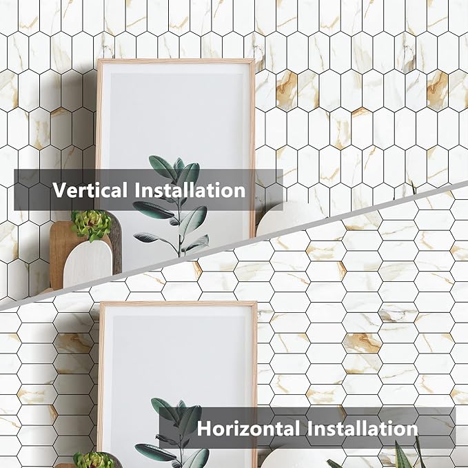 Vamos Tile Long Hexagon Peel and Stick Backsplash Tile - 10 Sheets Stick on Backsplash for Kitchen and Bathroom 12.4 x 12 Inch Calacatta Gold PVC Self Adhesive Mosaic Wall Tiles