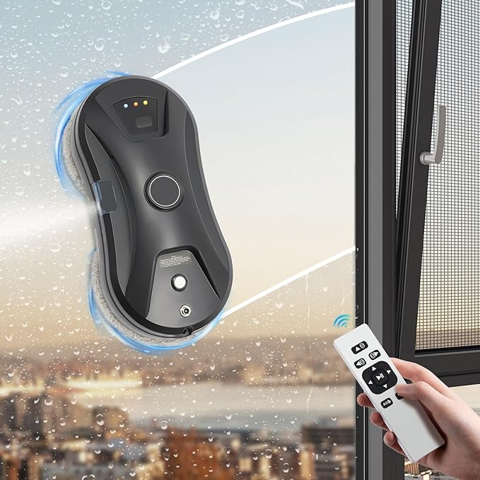 Window Cleaning Robot, Automatic Water Spray Window Washer Robot 2800Pa Strong Suction Smart Cleaner, Remote Control Washer for Tiles, Glass Door (Black)