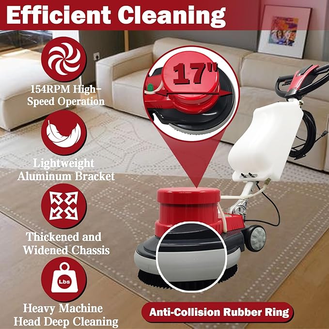 TECHTONGDA Floor Polisher & Buffer Commercial Floor Buffer Scrubber 17" Carpet Cleaning Machine 154RPM Industrial Orbiter Floor Cleaning with 3gal Tank and 3 Brush heads
