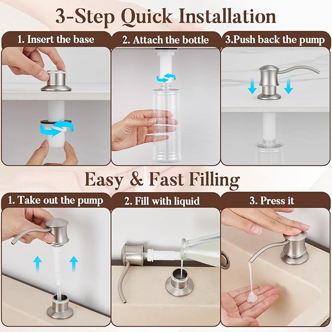 Built in Soap Dispenser for Kitchen Sink Countertop, Solid Brass Pump Head Long Spout with 10.2 Ounce PET Food Safe Material Lotion Bottle, Brushed Nickel Finish