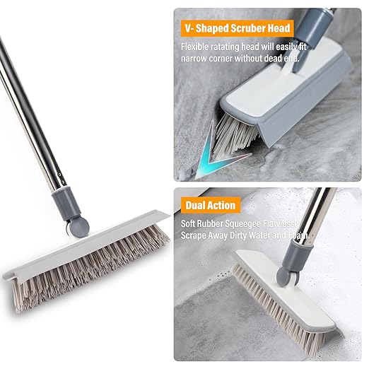 4 in 1 Tile Shower Cleaner Brush, Long Handled Scrub Brush for Shower with Adjustable Long Handle Floor Scrub Brush for Cleaning Bathroom/Shower/Tub/Tile/Kitchen/Glass/Wall