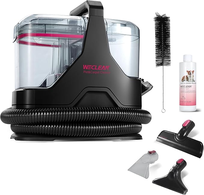 WECLEAN C3 Portable Carpet Cleaner Machine for Car, Stairs, Sofa with 18Kpa Suction and 600W Motor, Dual-Tank Spot Cleaner with 3 Brushes, Handheld Carpet and Upholstery Cleaner Black and Pink