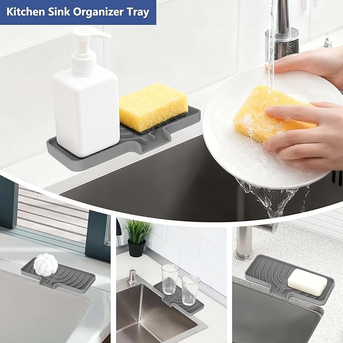 Silicone Sponge Holder for Kitchen Sink With Drain Spout, Self Draining, 10×4inch Kitchen Soap Tray, Bathroom Organizer, Sink Caddy, Perfect for Dispenser, Scrubber, Bottle, Cup on Counter (Gray)