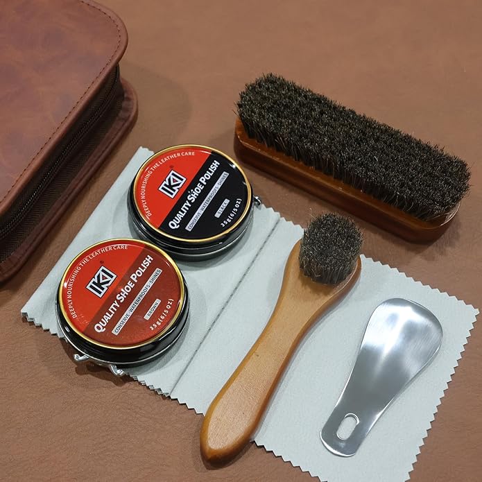 IKI Shoe Shine Polish Kit - 7PCS Leather Boot Care Kit with Black Shoe Polish Horsehair Brush Cloth Shoe Horn for Men