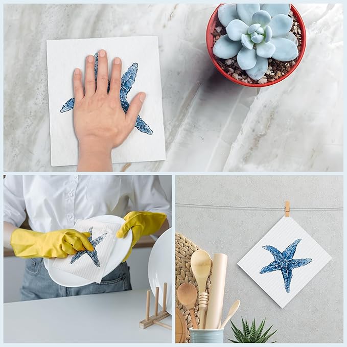 Swedish Dishcloths for Kitchen, Coastal Summer Ocean Beach Decor Kitchen Dish Towels for Washing Dishes, 4 Pack Reusable Paper Towels Washable, Sponge Cloths for Cleaning Home Kitchen Decor