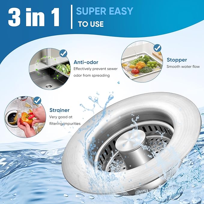 Upgraded 3 in 1 Kitchen Sink Drain Strainer & Kitchen Sink Stopper,Stainless Steel Basket,Anti-Clogging,100% Rust-Proof,High Durability with Brass Core,Fit 3-1/2",Chrome