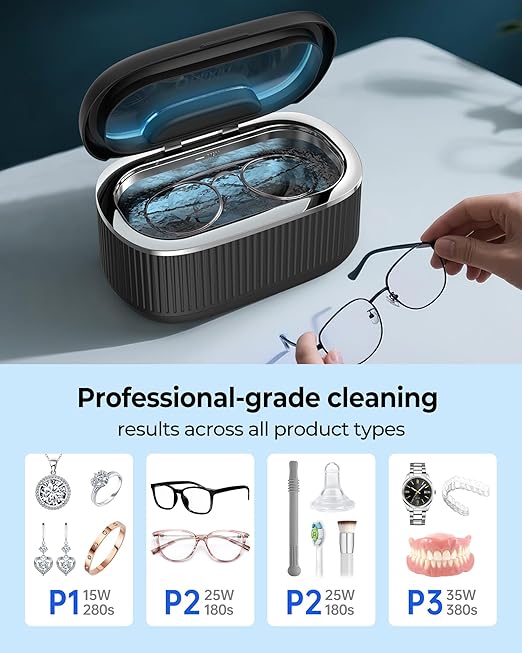 35W Ultrasonic Jewelry Cleaner, 45KHz Retainer Cleaner for Jewelry, 5 Timer & 3 Power Modes, Eyeglasses, Rings, Watch Strap, Dentures - 20oz, 304 Stainless Steel Tank, Quiet <38dB (Black)