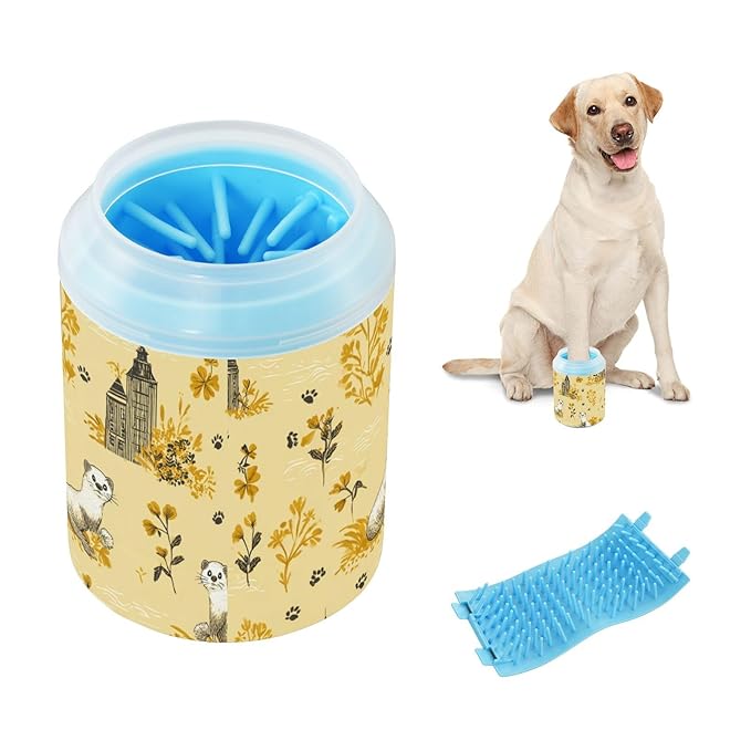 Dog Paw Cleaner Cups for Dogs Pet Foot Washer Paw Scrubber for Medium Small Large Dogs Cats Cleaning Cup Yellow Ferrets Castles Paw Prints