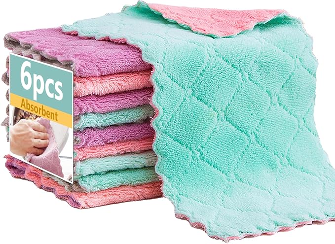 Microfiber Cleaning Cloths - Super Absorbent Streak-Free & Lint-Free Towels for Glass Kitchen & Home (Gray, Purple, Pink, Green) (6pcs)