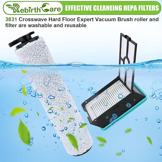 3831 Brush Roll and Filter Replacement Parts for Bissell Crosswave Hard Floor Expert Vacuum 3831 HF2 3845N 3847 3848 4 Pack for Floor Scrubber Wet Dry Vacuum Accessory Kit, 2 Brush Rolls & 2 Filters