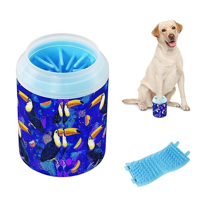 Dog Paw Cleaner Cups for Dogs Pet Foot Washer Paw Scrubber for Medium Small Large Dogs Cats Cleaning Cup Bright Blue Toucans Fruit Slices
