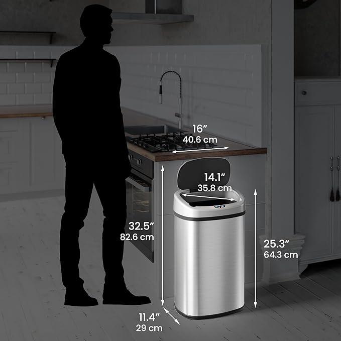 iTouchless 13 Gallon Oval Sensor Trash Can with AC Adapter and Odor Filter, Automatic Motion Sensor Kitchen Bin, Soft-Close Stainless Steel, Slim Curved Wastebasket for Narrow Walkways, Matte Silver