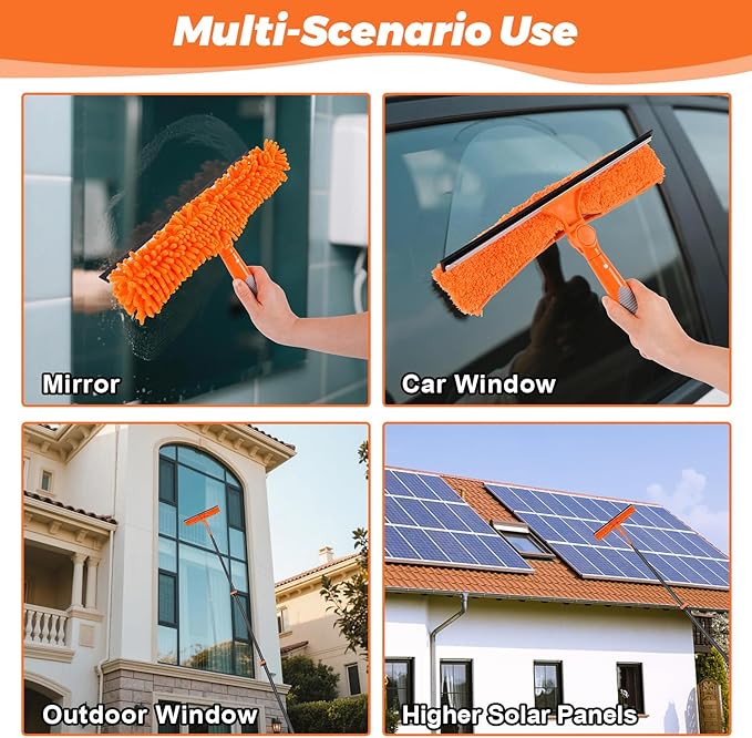 Window Washing Kit with Extension Pole 4.7 to 24FT, Long Squeegee for Window Cleaning Indoor Outdoor, Carbon Fiber Telescopic Pole for Window Cleaner Tool with Microfibre Pad & Chenille Cloth