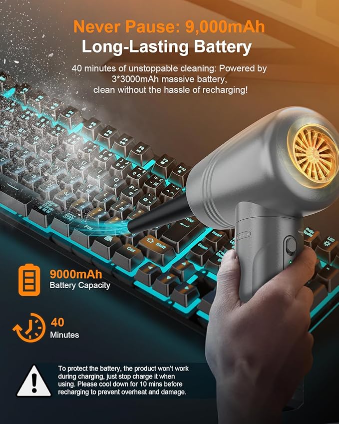 BNKKY 11-in-1 Compressed Air Duster, 3-Gear Adjustable 120000 RPM Electric Air Duster with LED Light, Reusable no Canned Keyboard Cleaner for Office, 9000mAh Cordless Air Duster for Computer/Car