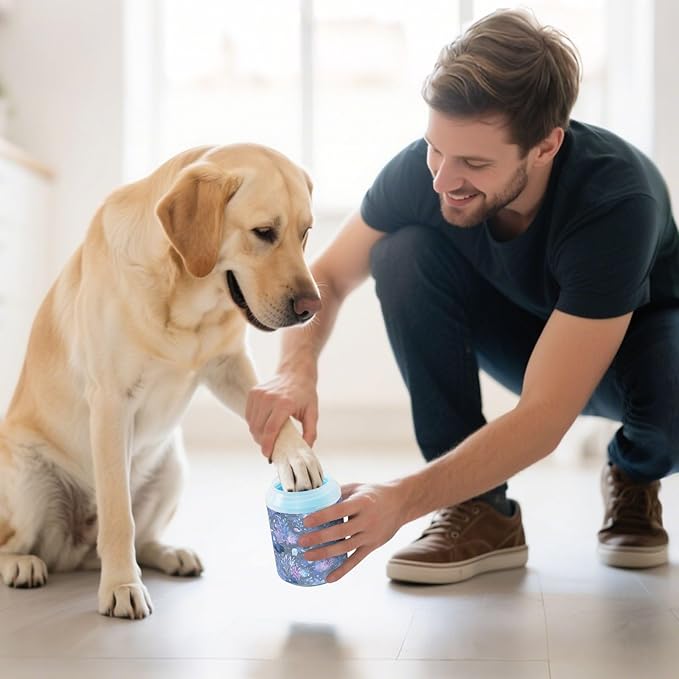 Dog Paw Cleaner Cups for Dogs Pets Foot Washer Paw Scrubber for Medium Small Cats Dogs Cute Cleaning Cup Blue Fish Coral Seaweed
