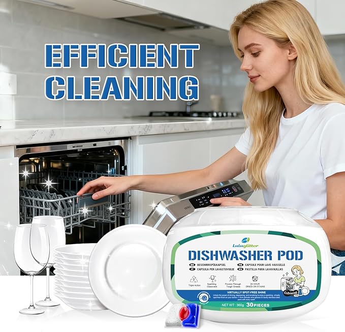 Dishwasher Pods 30 Count, Scrubbing Power, No Pre-Rinse Dishwasher Detergent Soap Removes Burnt-On Stain
