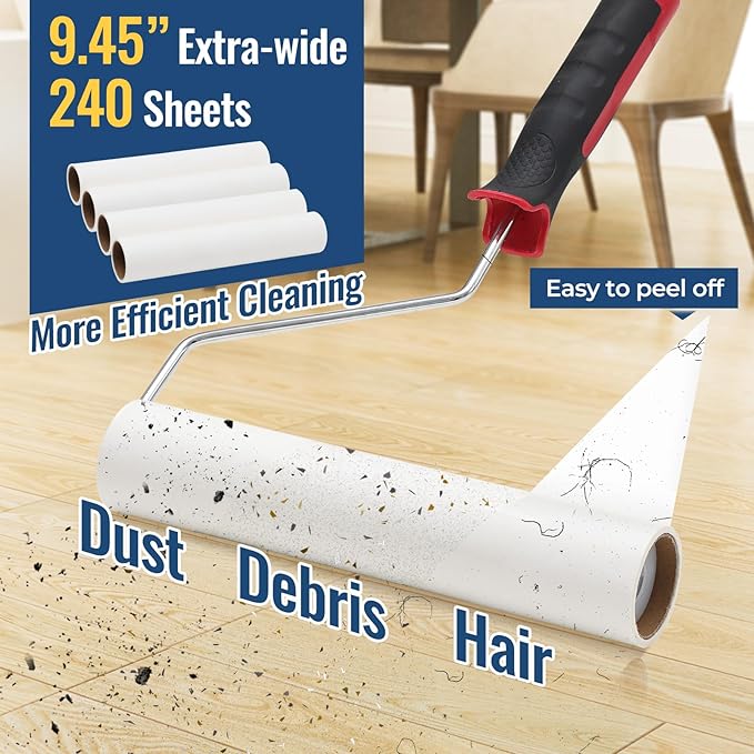 Lint Rollers for Pet Hair Extra Sticky, 9.45" Wide Large Lint Roller, 240 Adhesive Sheets Rollers, 79" Long Handle Sticky Mop for Carpets, Clothing, Floor, Bed, Home Cleaning, Loving Pet Owners