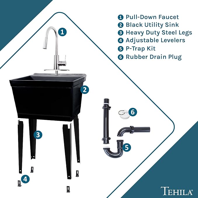 Laundry Sink Utility Tub With High Arc Metal Pull Down Faucet By JS Jackson Supplies, Stainless Faucet, Black Tub