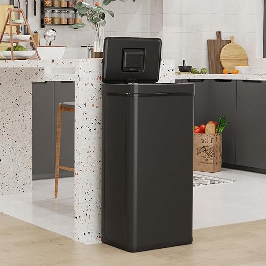 70L / 18.5 Gallon Smart Automatic Trash Can with Deodorizer Compartment, Stainless Steel Body and Mute Sensor Lid for Kitchen Office Living Room and More, Assemble Large Capacity Garbage Can - Black