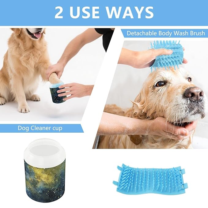Dog Paw Cleaner Cups for Dogs Pets Foot Washer Paw Scrubber for Medium Small Dogs Cats Cleaning Cup Starry Sky Nebula Stars Blue Yellow