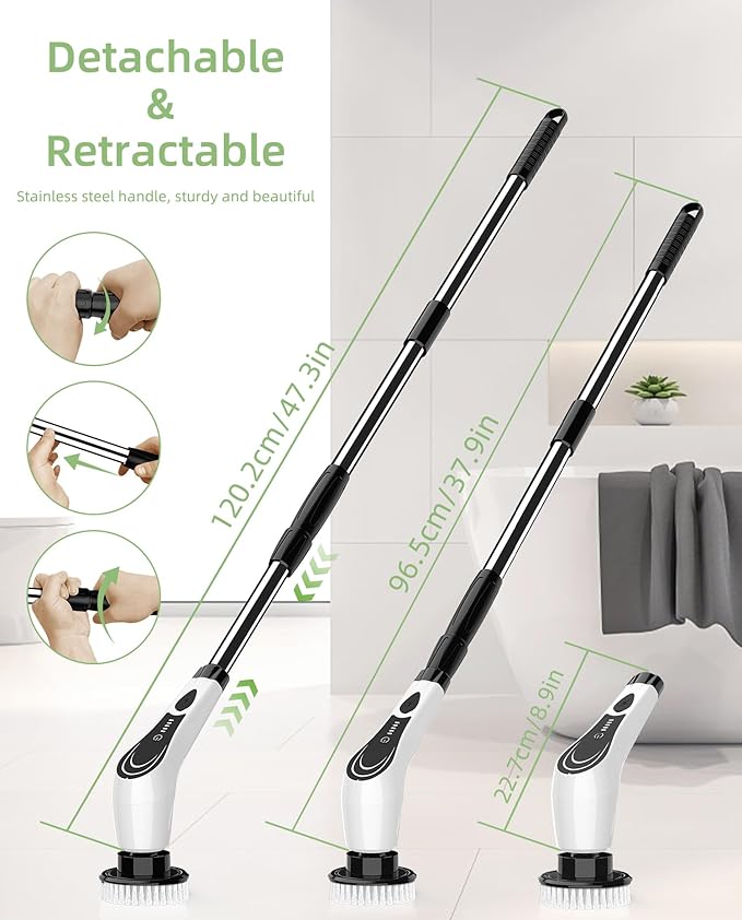 Electric Spin Scrubber, Cordless Shower Scrubber with 8 Brush Heads with Adjustable, 2H Power Dual Speed, Power Brushes with IPX7 Waterproof for Floor, Sink, Bathroom, Tile, White-qwrx3