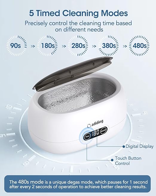 Adiding Jewelry Cleaning Machine, 650mL (23oz) Ring Sonic Cleaner Machine for Glasses, Earring, Denture, Retainer, Watch Straps, Razor -5 Cleaning Modes, Digital Timer, SUS304 Stainless Steel
