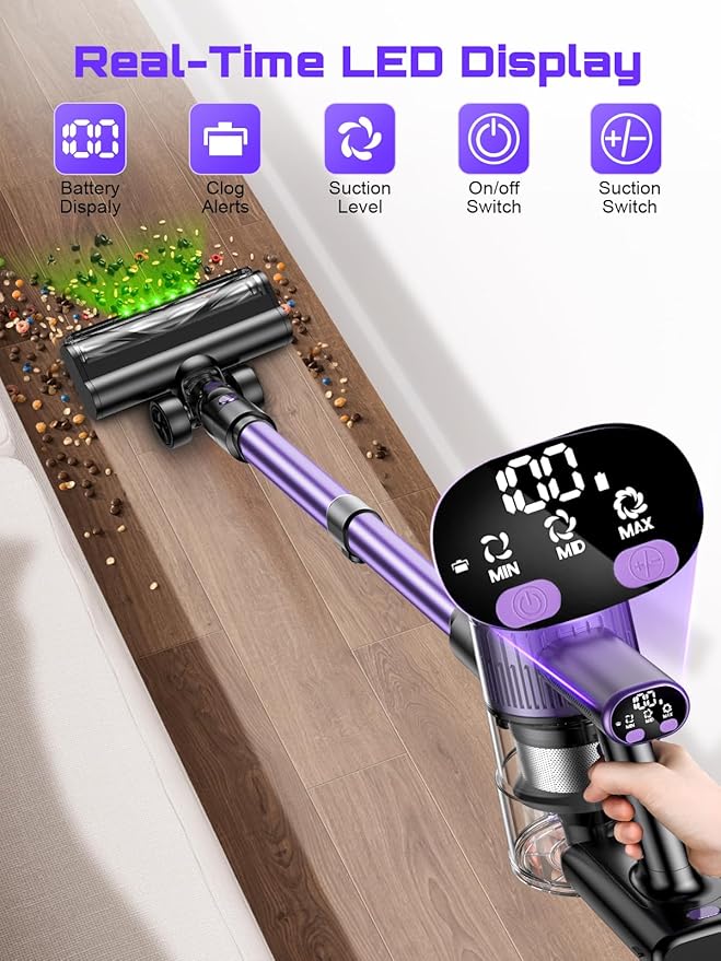 Cordless Vacuum Cleaner, 45KPA /10-in-1 Stick Vacuum with 29-inch Hose, 45Mins Runtime Vacuum Cleaners for Home, Anti-Tangle Brush, Lightweight Rechargeable Vacuum for Hardwood Floor Carpets