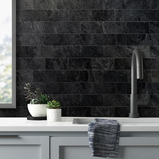 AULIGET 200 Pieces Black Slate Peel and Stick Backsplash Wall Tiles, 3" x 6" PVC Faux Stone Stick on Tiles for Backsplash Kitchen, Bathroom, Laundry Room, Camper, Fireplace