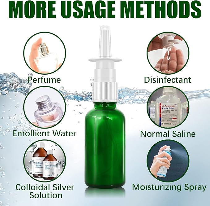 Cupohus Nasal Spray Bottle, 3 Pcs 30ML/1oz Green Glass Refillable Fine Mist Sprayers Atomizers, Travel Sized, Empty Nasal Sprayer with Funnels and Labels