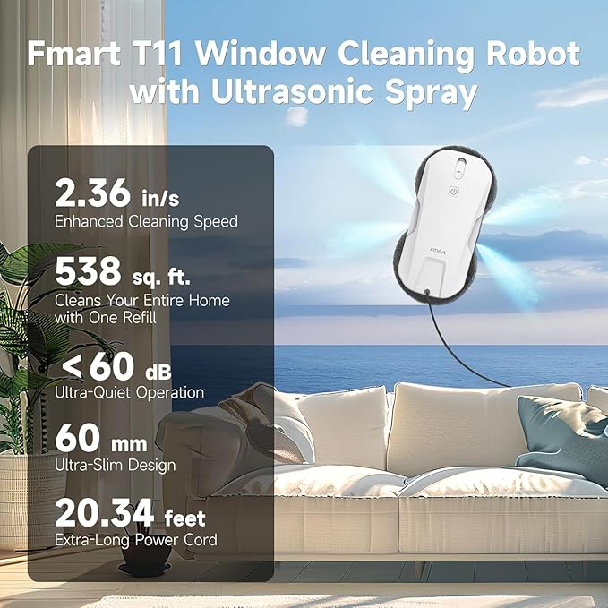 FMART T11 Window Cleaning Robot, Auto 4-Way Water Spray, 5300Pa Strong Suction, High-Speed Cleaning, <60dB Ultra-Quiet, 60mm Slim Window Robot, Smart Navigation, Anti-Drop & 50min UPS Protection
