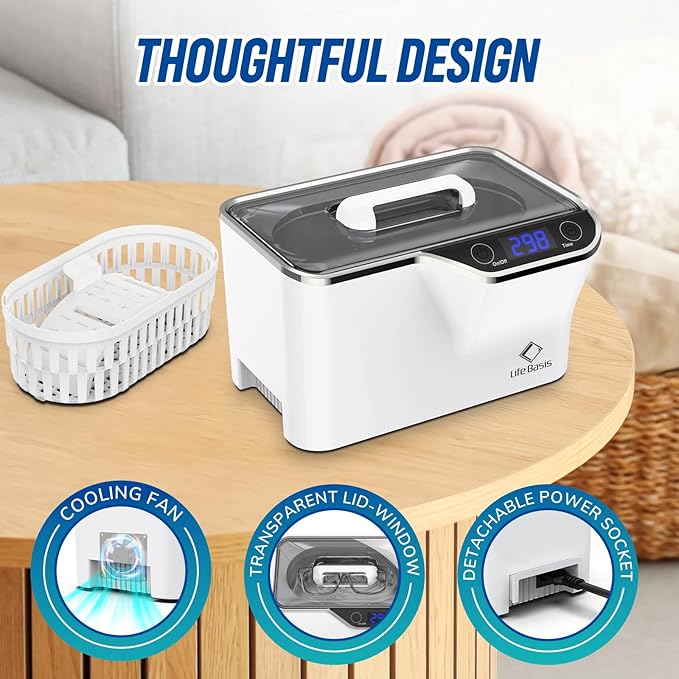 LifeBasis Ultrasonic Jewelry Cleaner, Professional 45kHz Ultrasonic Cleaner Machine 20 Ounces (600ML) with Digital Timer, Watch Holder Ultrasonic Glasses Cleaner for Ring, Coin, Watch, Denture -White
