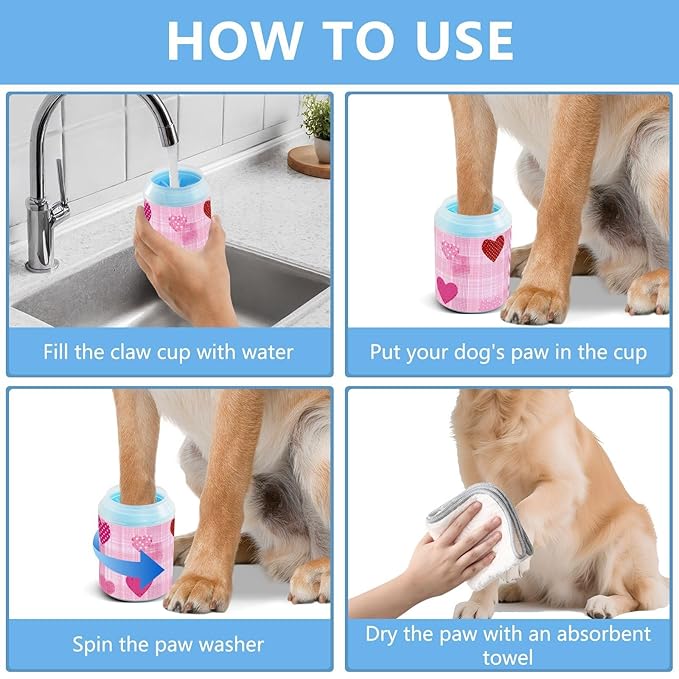 Dog Paw Cleaner Cups for Dogs Pet Foot Washer Paw Scrubber for Small Medium Large Dogs Cats Cleaning Cup Pink Plaid Dotty Hearts