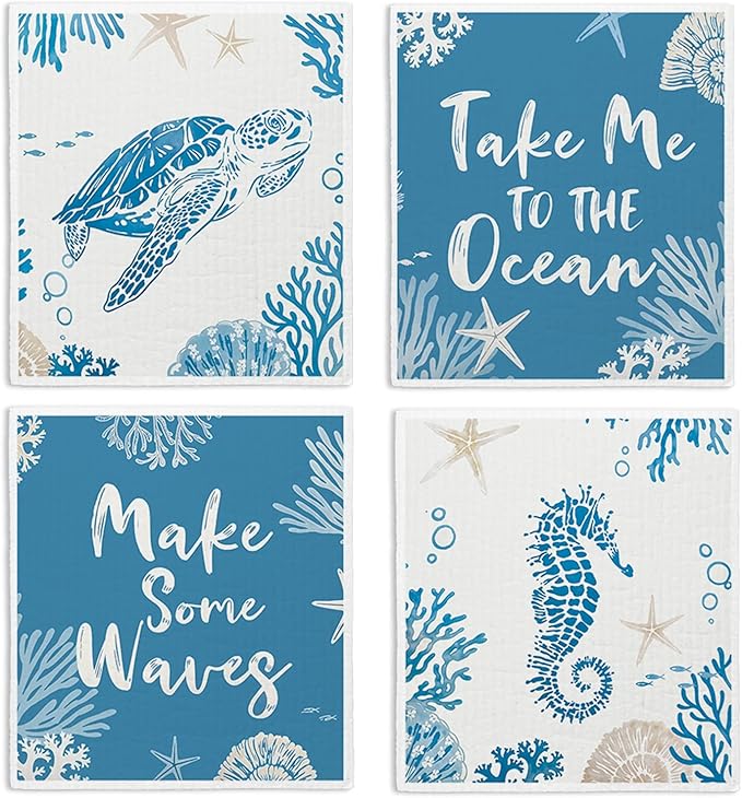 Swedish Dishcloths for Kitchen, Summer Coastal Turtle Kitchen Dish Towels for Washing Dishes, 4 Pack Reusable Paper Towels Washable, Sponge Cloths for Home Cleaning Baking Cooking Decor