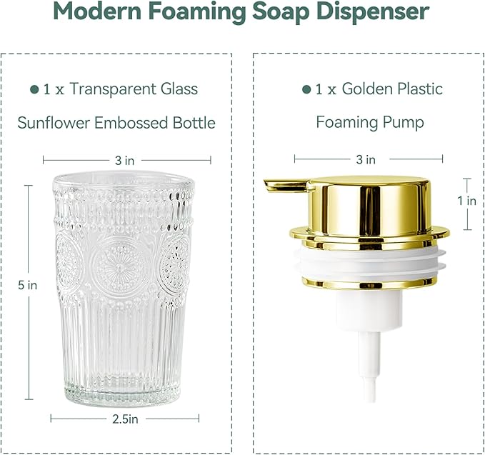 Glass Foaming Soap Dispenser - Foaming Hand Soap Dispenser for Bathroom & Kitchen, 10 OZ Transparent Foam Hand Wash Dispenser, Refillable Dish Dispenser Golden Pump