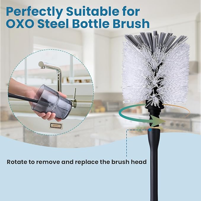 Steel Bottle Brush Refills for OXO Stainless Steel Bottle Brush Only, 8 Pack Bottle Brush Replacement Head for Clean Water Bottle, Baby Bottle, Glasswares, Mugs