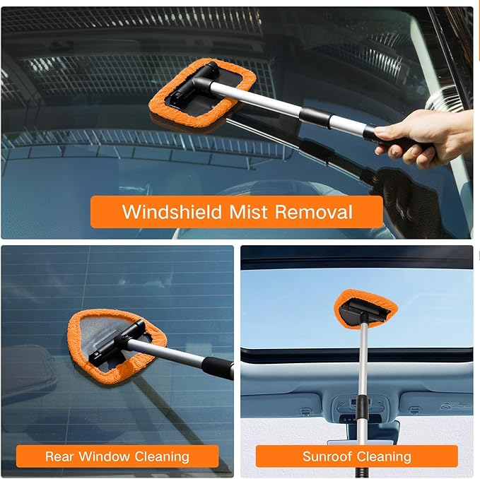 7pcs Windshield Cleaner Tool Car Window Cleaning Wash Kit with 4 Reusable Microfiber Pads 1 Spray Bottle and Extendable Handle Auto Glass Wiper Kit, Orange