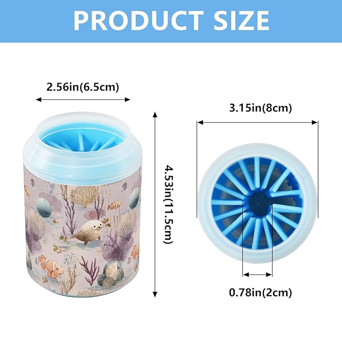 Dog Paw Cleaner Cups for Dogs Pets Foot Washer Paw Scrubber for Medium Small Cats Dogs Cute Cleaning Cup Purple Seals Clownfish Coral Rocks