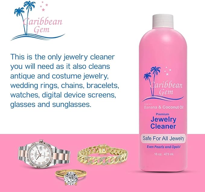 USA All Natural Banana & Coconut Oil Jewelry Cleaner with Polishing Cloth, For Gold, Silver and Precious Gems, Ammonia Free, Hypoallergenic Jewelry Cleaning Solution (16oz)