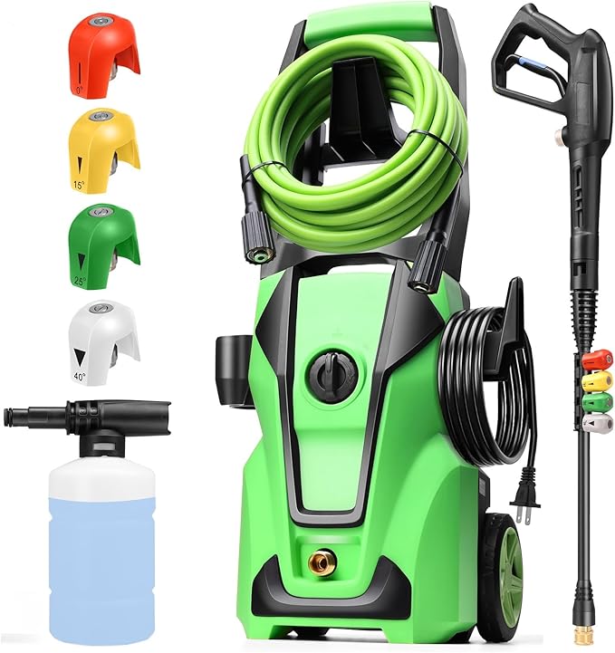 Professional Pressure Cleaner, Power Cleaner with Foam Cannon,4 Nozzles,33FT Hose and Soap Bottle,Car Clean Machine/Car/Driveway/Patio Clean (Dark Green)