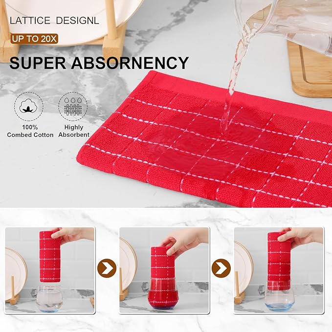 Mordimy 100% Cotton Terry Cloth Kitchen Towels, Super Soft and Absorbent Dish Towels for Drying, Checkered Designed Hand Towels for Kitchen, 16 x 26 Inches, 4 Pack, Red