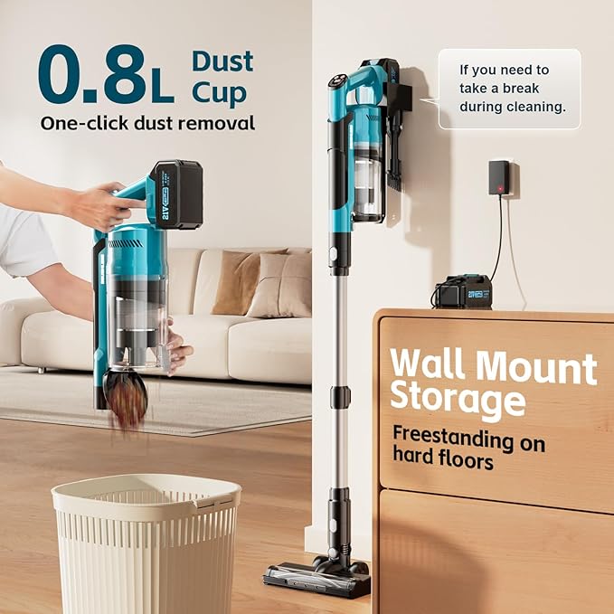 Cordless Vacuum Cleaner with 2 * 4000mAh Batteries, 700W 60Kpa Stick Vacuum, 6 in 1 Cordless Stick Vacuum Clearner, Brushless Motor with Led Display for Hard Floors Carpet Pet Hair (Blue)