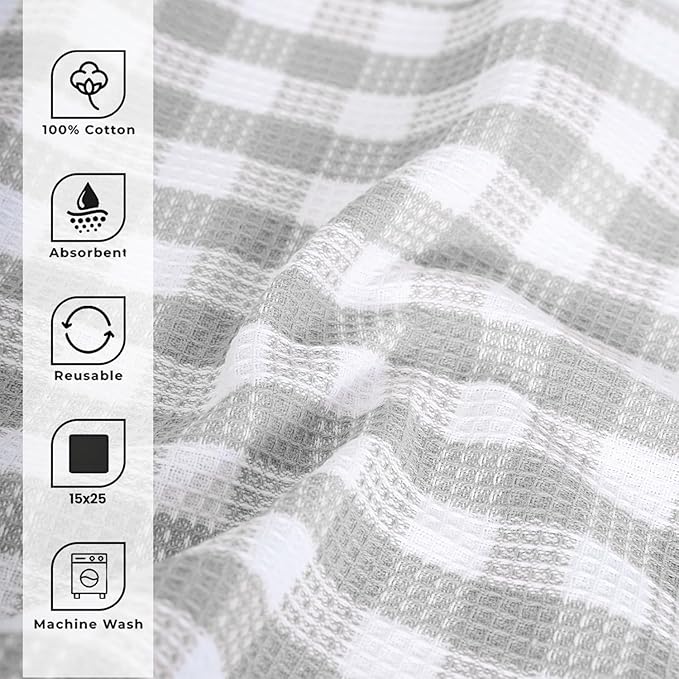 Blue Needles Waffle Weave Check Plaid Kitchen Towels, 15x25 Inches 100% Cotton Set of 4 Dish Towels for Kitchen, Soft & Absorbent for Quick Drying with Hanging Loop Spring Summer - Ash Grey & White
