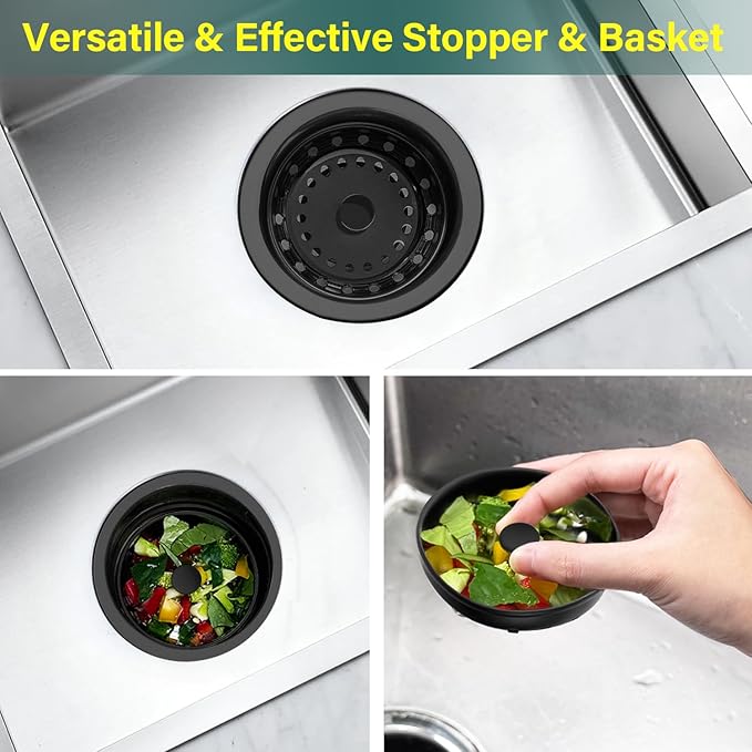Kitchen Sink Drain Assembly 3-1/2 Inch - Kitchen Sink Strainer Stainless Steel Basket with Stopper - Rustproof & Leak-Proof Design for Standard American Drain Holes, Black