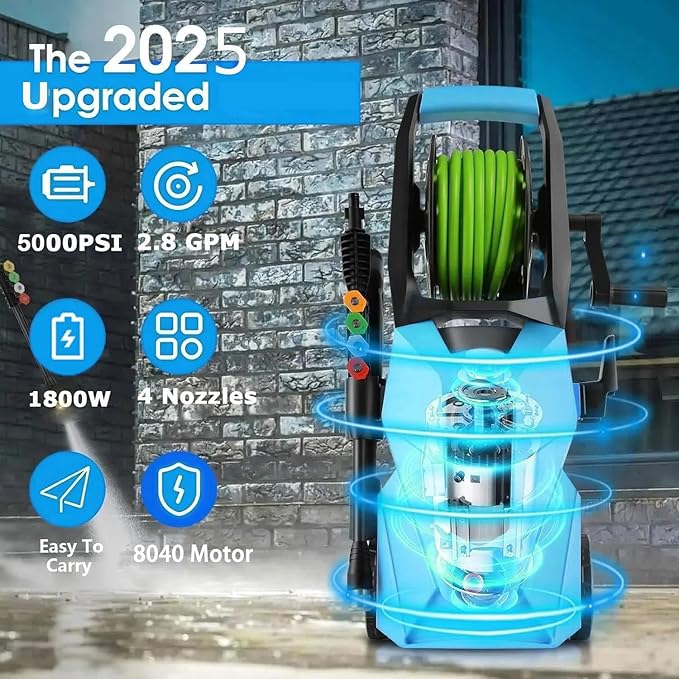 5000PSI Electric Pressure Washer,Power Washer with Foam Cannon,Portable Cleaner with 33ft Hose Reel,4 Nozzle Tips,and Soap Bottle for Cars/Home/Driveways/Patios/Decks/Fences