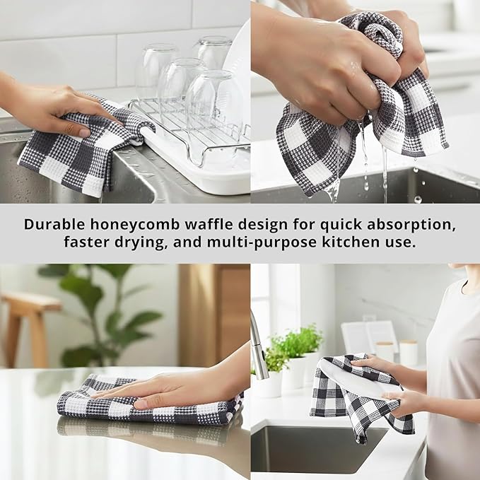 PurpleEssences 100% Cotton Waffle Weave Check Plaid Kitchen Towels, Super Soft and Absorbent Dish Towels for Drying Dishes 15x25-6 Pack - Christmas Holiday Winter - Steel Grey and White