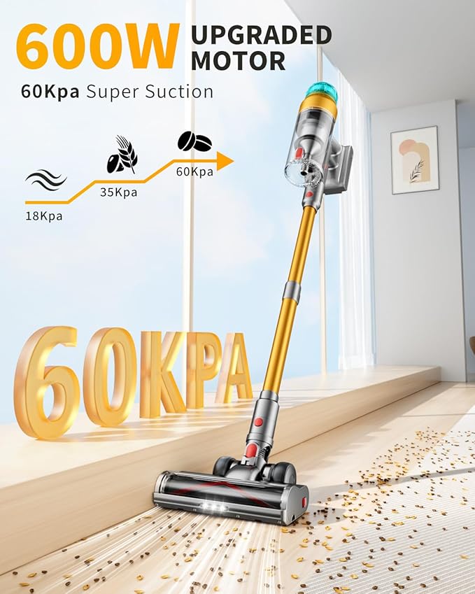 Cordless Vacuum Cleaner for Home 600W 60Kpa Upgraded Powerful Stick Vacuum Up to 75Mins, Anti-Tangle & Wall Mount Charging, 8 in 1 Lightweight Vacuum Cleaners for Home/Pet Hair/Carpets/Floors