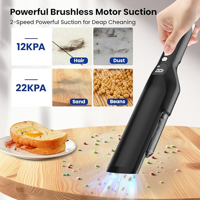 Handheld Vacuum Cordless, 23Kpa Car Vacuum with Brushless Motor, Charging Dock, Rechargeable, 1.5lbs Portable Handheld Vacuum with 2-Speed for Home/Car/Pet(Black)