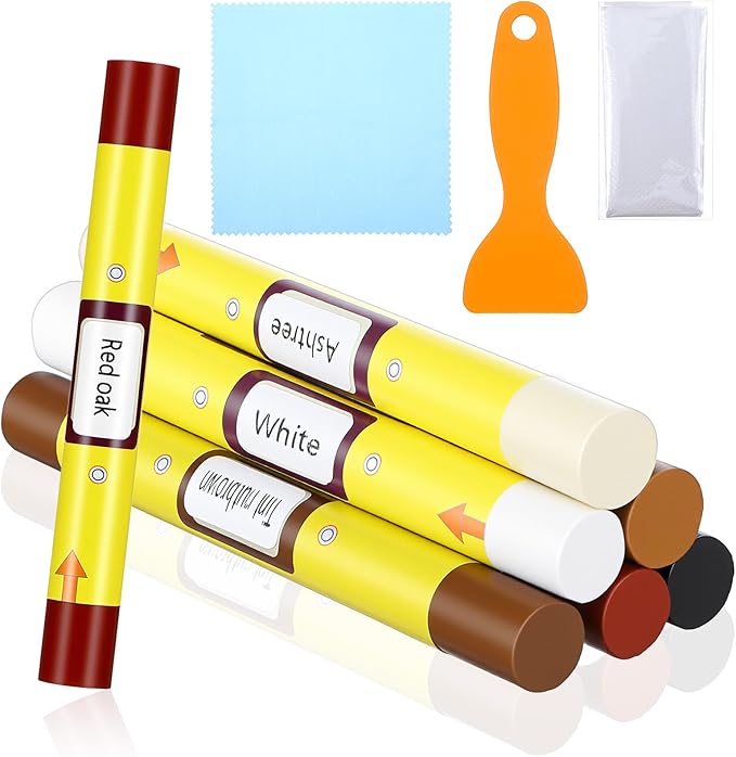 Sibba 9Pcs Wood Filler Sticks, 6 Color Wax Crayons for Scratches with Scraper, Gloves and Cloth, Wood Floor Repair Kit for Scratches, Cracks and Holes on Cabinets, Tables, Doors
