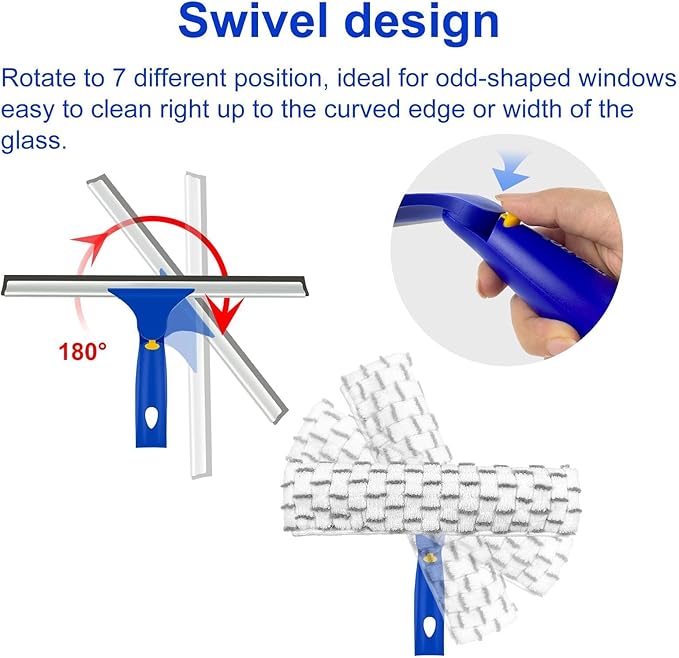 ITTAHO 81" Window Squeegee Cleaner, Window Cleaning Tool Kit,12" Squeegee and 11" Microfiber Scrubber Combi with Stainless Steel Pole for Car,Sliding Door,Shower Glass Door-Swivel Style-2 Pads