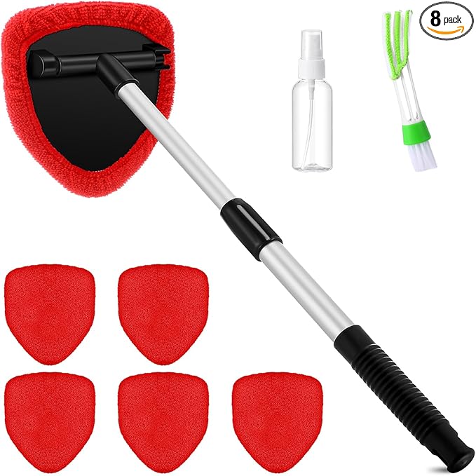 8 Pcs Car Windshield Cleaner Tool Kit with Extendable Handle, Microfiber Towel Pads, Brush, Empty Spray Bottle for Auto Glass Wiper Suvs Rvs & Home Windows(Red)